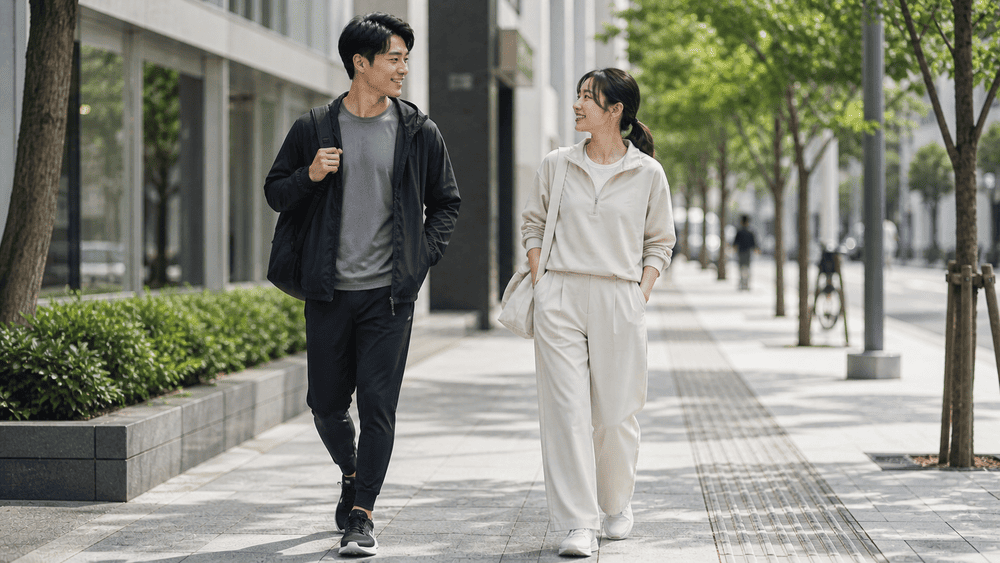 アスレジャー着用で街を歩くカップル